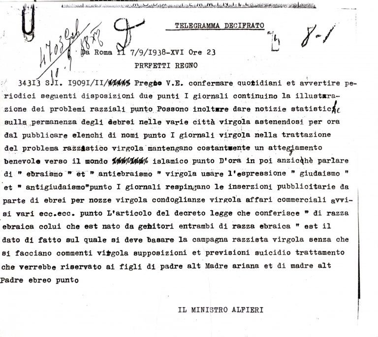 Telegramma decifrato del Ministro Alfieri in cui si chiede alla stampa di usare un linguaggio ben preciso