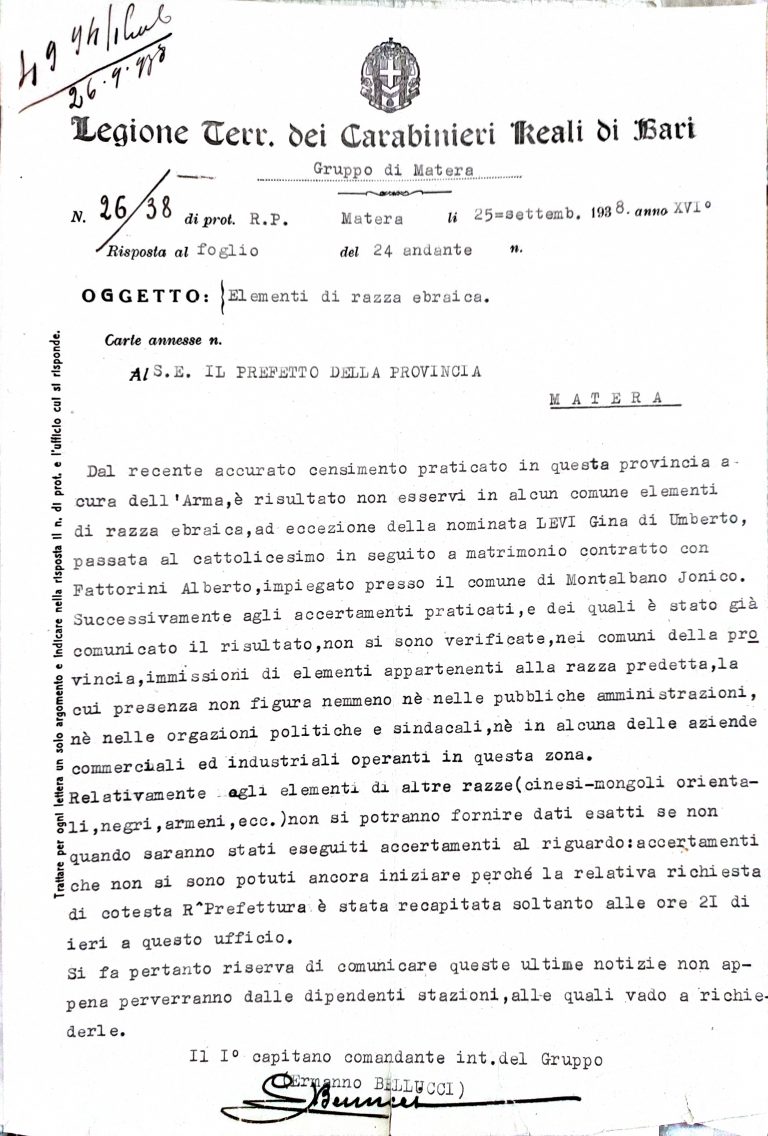 Documento della Legione Territoriale dei Carabinieri di Bari che afferma che, a seguito del censimento, non ci sono persone ebree nella provincia ad eccezione di Gina Levi