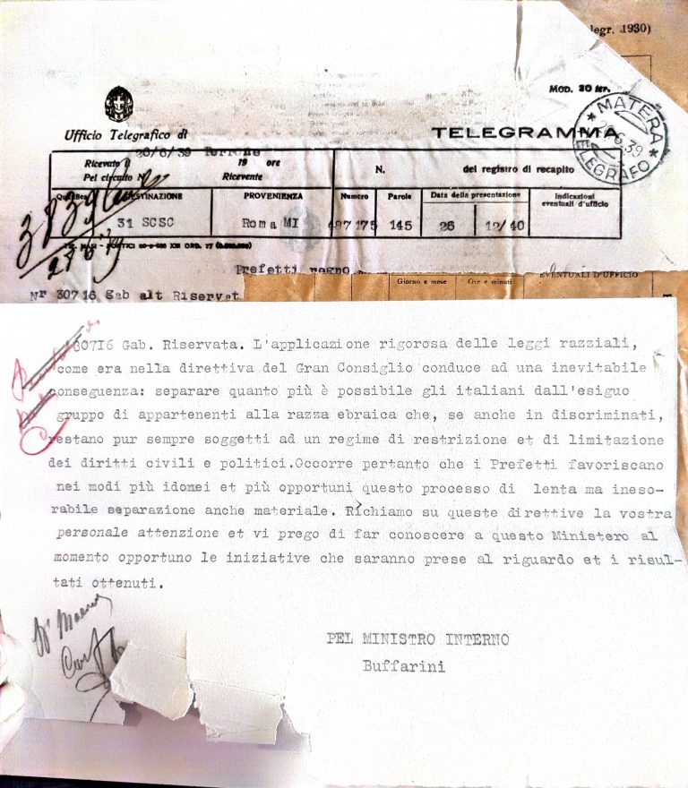 Telegramma che riguarda la separazione degli italiani dal gruppo di appartenenti alla razza ebraica