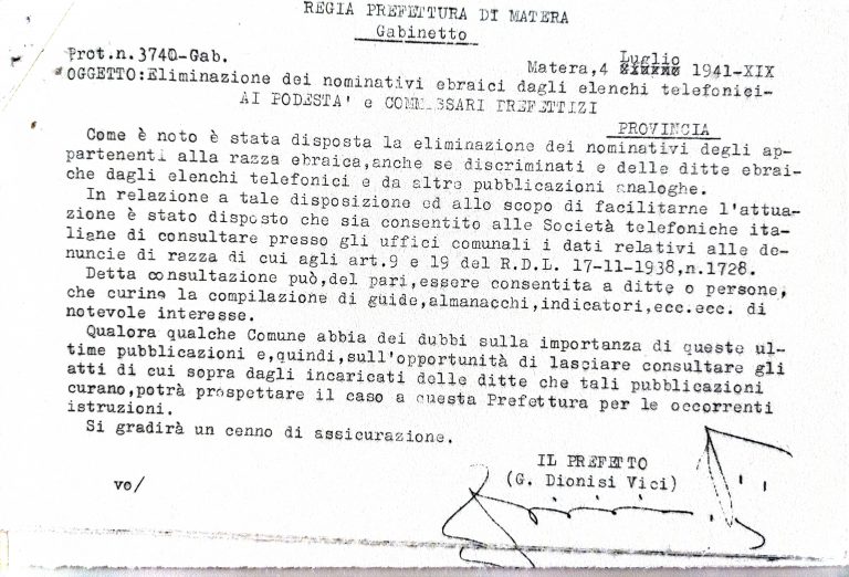 Documento attestante l'eliminazione dei nominativi ebraici dagli elenchi telefonici